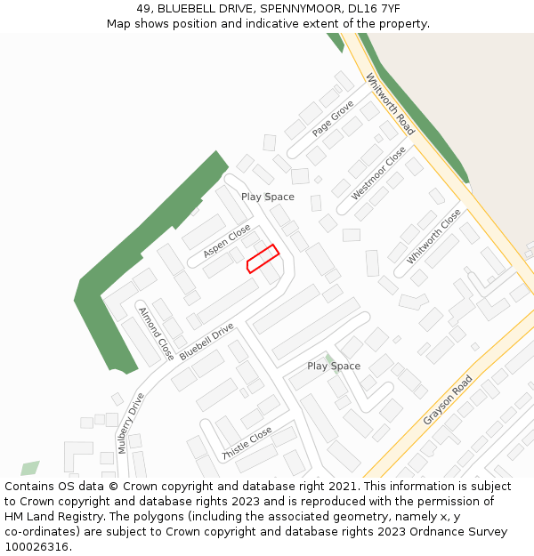 49, BLUEBELL DRIVE, SPENNYMOOR, DL16 7YF: Location map and indicative extent of plot