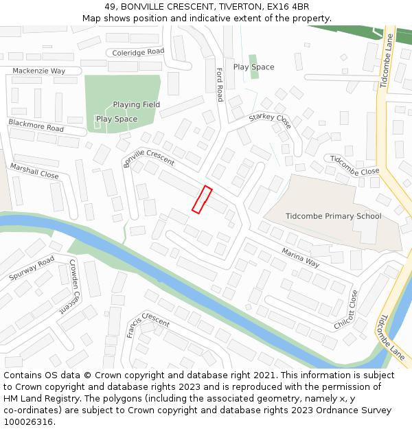 49, BONVILLE CRESCENT, TIVERTON, EX16 4BR: Location map and indicative extent of plot