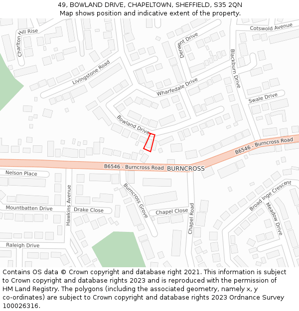 49, BOWLAND DRIVE, CHAPELTOWN, SHEFFIELD, S35 2QN: Location map and indicative extent of plot