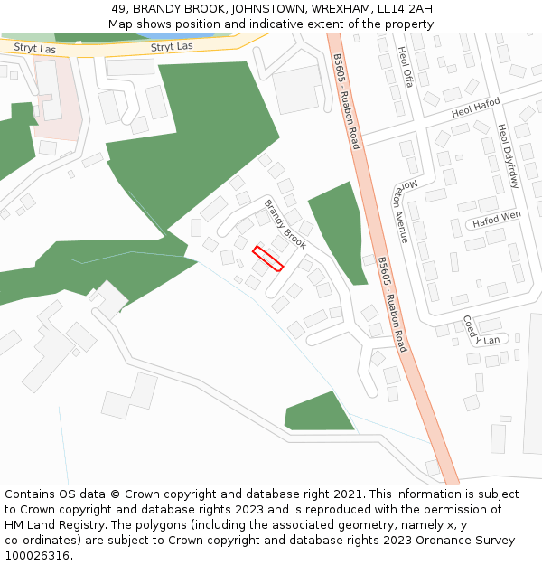49, BRANDY BROOK, JOHNSTOWN, WREXHAM, LL14 2AH: Location map and indicative extent of plot