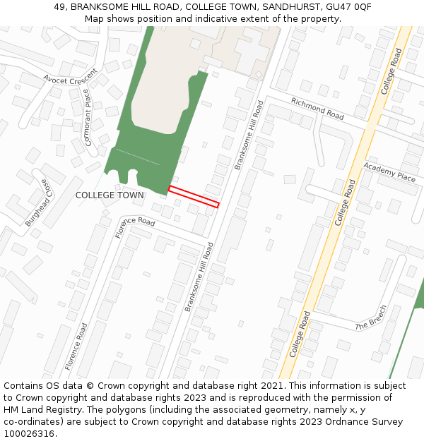 49, BRANKSOME HILL ROAD, COLLEGE TOWN, SANDHURST, GU47 0QF: Location map and indicative extent of plot
