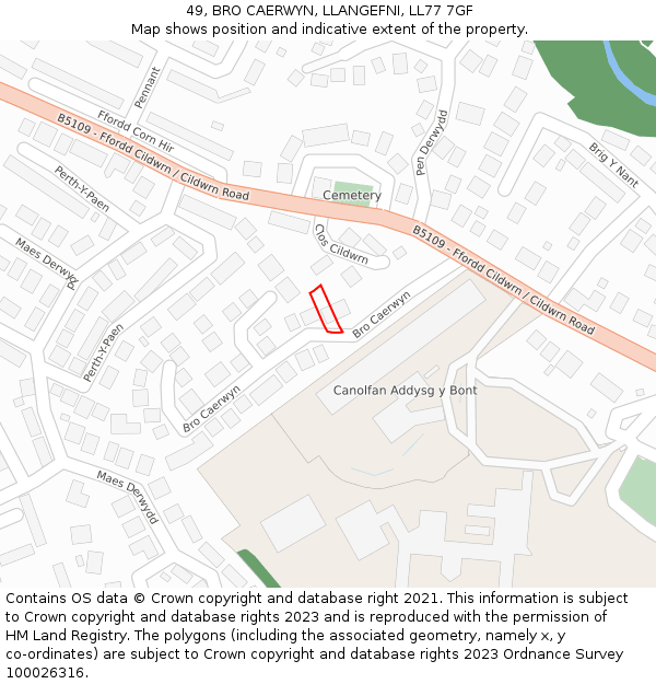 49, BRO CAERWYN, LLANGEFNI, LL77 7GF: Location map and indicative extent of plot