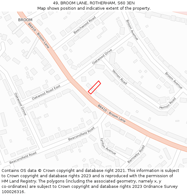 49, BROOM LANE, ROTHERHAM, S60 3EN: Location map and indicative extent of plot