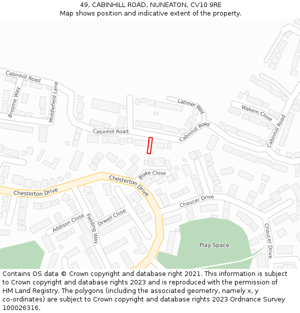 49, CABINHILL ROAD, NUNEATON, CV10 9RE: Location map and indicative extent of plot