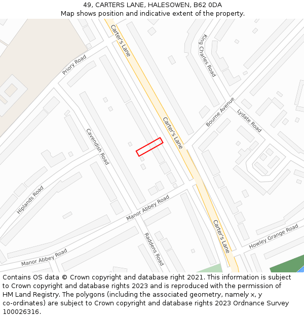 49, CARTERS LANE, HALESOWEN, B62 0DA: Location map and indicative extent of plot