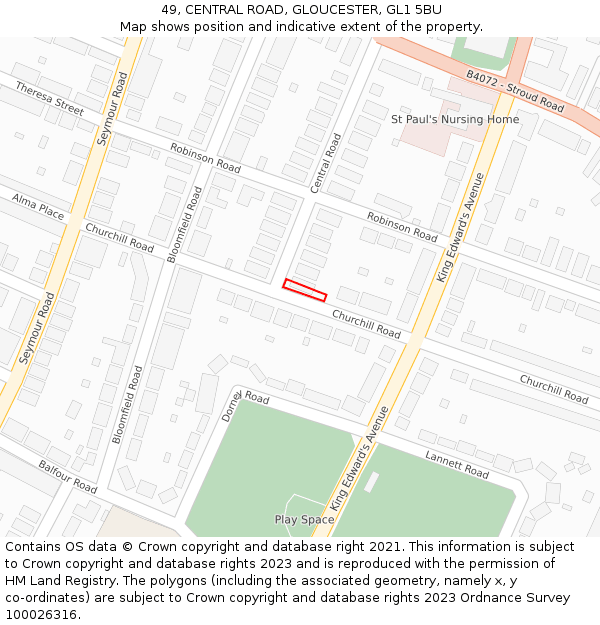 49, CENTRAL ROAD, GLOUCESTER, GL1 5BU: Location map and indicative extent of plot