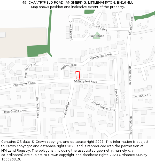 49, CHANTRYFIELD ROAD, ANGMERING, LITTLEHAMPTON, BN16 4LU: Location map and indicative extent of plot