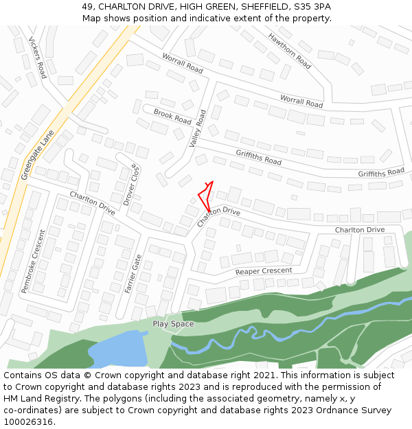 49, CHARLTON DRIVE, HIGH GREEN, SHEFFIELD, S35 3PA: Location map and indicative extent of plot