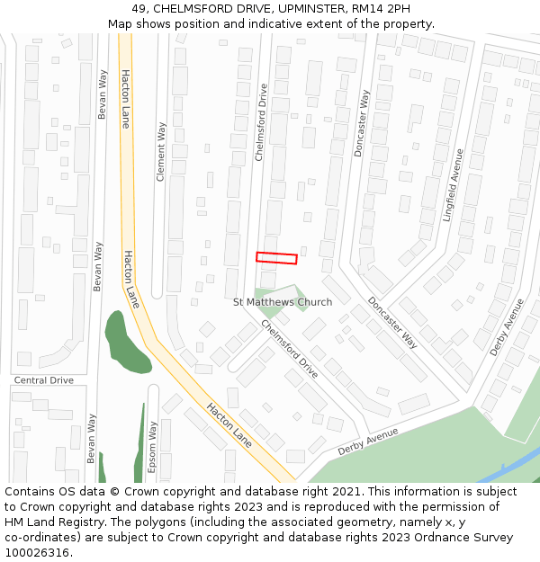 49, CHELMSFORD DRIVE, UPMINSTER, RM14 2PH: Location map and indicative extent of plot