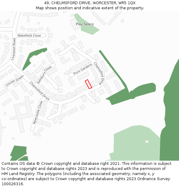 49, CHELMSFORD DRIVE, WORCESTER, WR5 1QX: Location map and indicative extent of plot