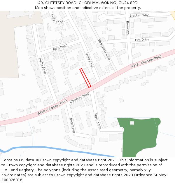 49, CHERTSEY ROAD, CHOBHAM, WOKING, GU24 8PD: Location map and indicative extent of plot