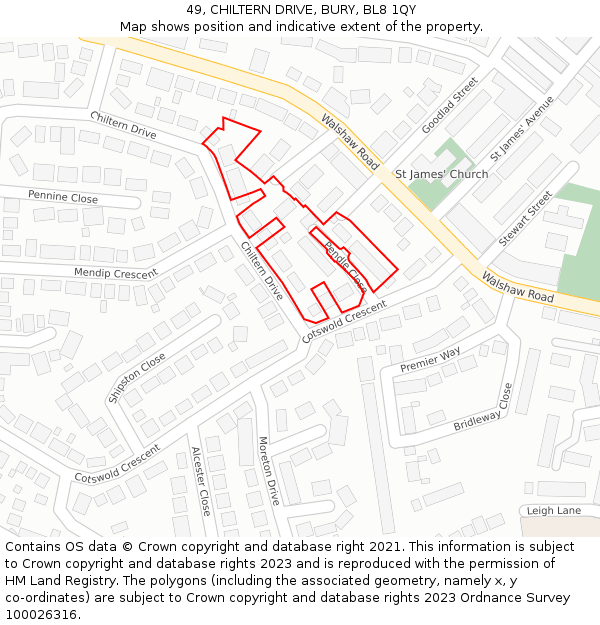 49, CHILTERN DRIVE, BURY, BL8 1QY: Location map and indicative extent of plot