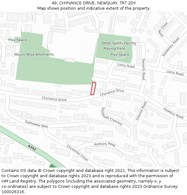 49, CHYNANCE DRIVE, NEWQUAY, TR7 2DY: Location map and indicative extent of plot