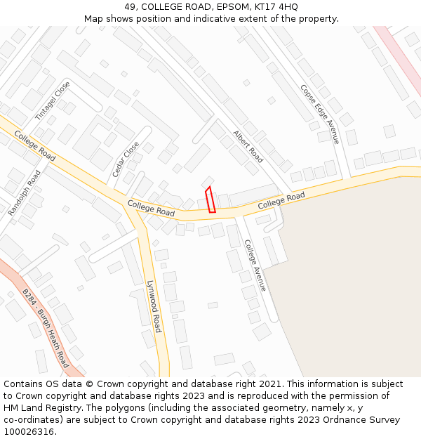 49, COLLEGE ROAD, EPSOM, KT17 4HQ: Location map and indicative extent of plot