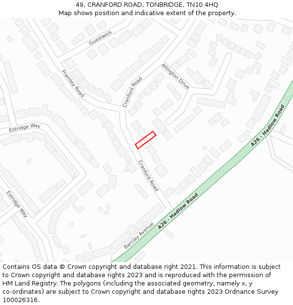 49, CRANFORD ROAD, TONBRIDGE, TN10 4HQ: Location map and indicative extent of plot