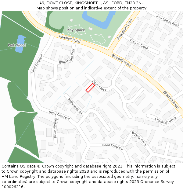 49, DOVE CLOSE, KINGSNORTH, ASHFORD, TN23 3NU: Location map and indicative extent of plot