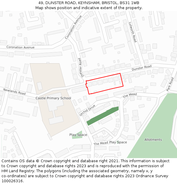 49, DUNSTER ROAD, KEYNSHAM, BRISTOL, BS31 1WB: Location map and indicative extent of plot