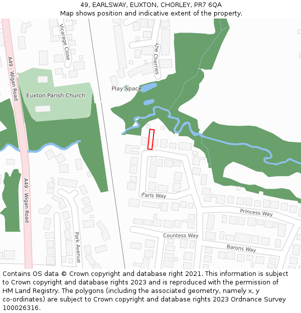 49, EARLSWAY, EUXTON, CHORLEY, PR7 6QA: Location map and indicative extent of plot