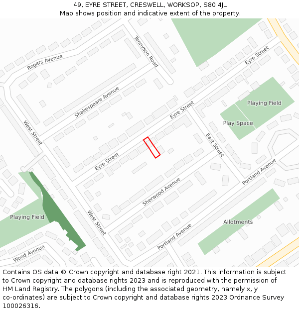 49, EYRE STREET, CRESWELL, WORKSOP, S80 4JL: Location map and indicative extent of plot