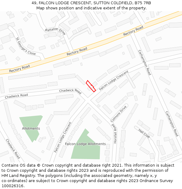 49, FALCON LODGE CRESCENT, SUTTON COLDFIELD, B75 7RB: Location map and indicative extent of plot