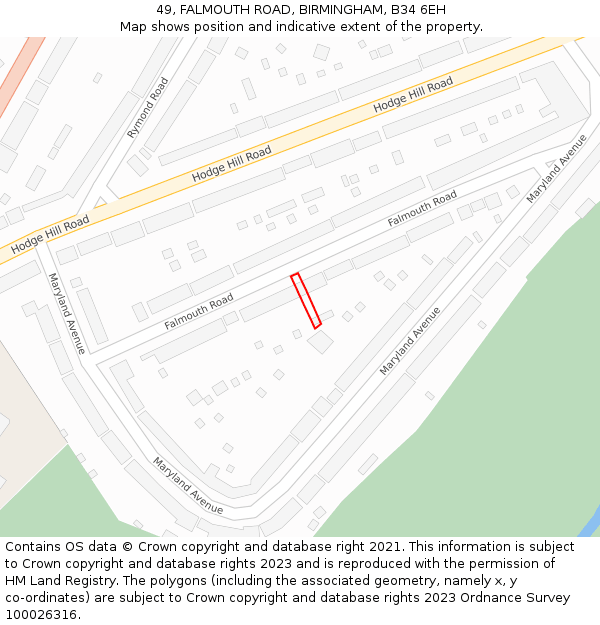49, FALMOUTH ROAD, BIRMINGHAM, B34 6EH: Location map and indicative extent of plot