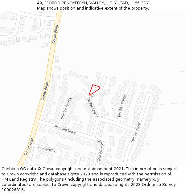 49, FFORDD PENDYFFRYN, VALLEY, HOLYHEAD, LL65 3DY: Location map and indicative extent of plot