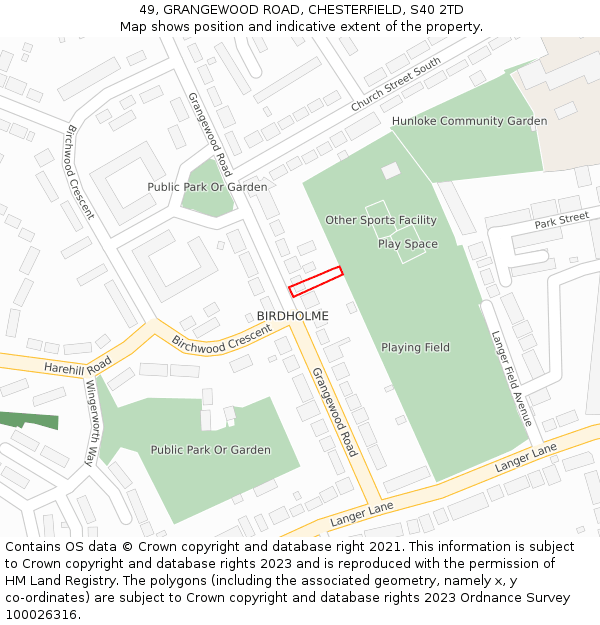 49, GRANGEWOOD ROAD, CHESTERFIELD, S40 2TD: Location map and indicative extent of plot