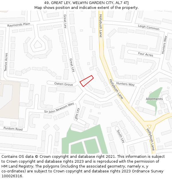 49, GREAT LEY, WELWYN GARDEN CITY, AL7 4TJ: Location map and indicative extent of plot