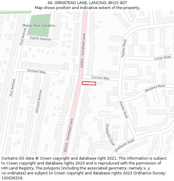 49, GRINSTEAD LANE, LANCING, BN15 9DT: Location map and indicative extent of plot