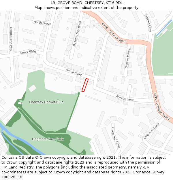 49, GROVE ROAD, CHERTSEY, KT16 9DL: Location map and indicative extent of plot