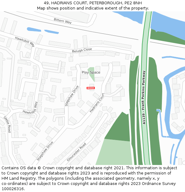 49, HADRIANS COURT, PETERBOROUGH, PE2 8NH: Location map and indicative extent of plot