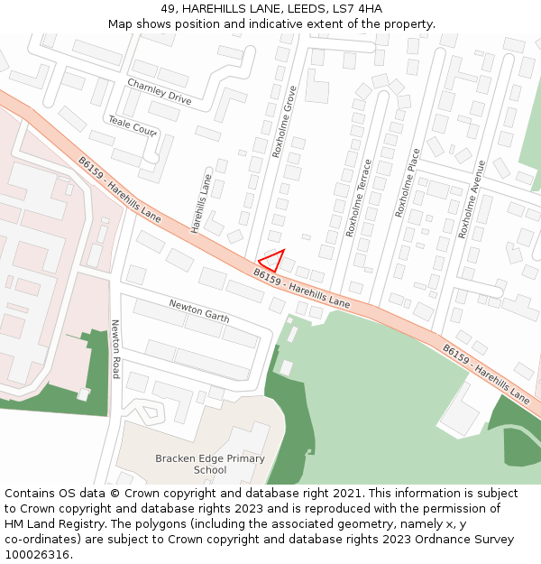 49, HAREHILLS LANE, LEEDS, LS7 4HA: Location map and indicative extent of plot