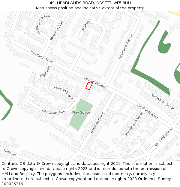 49, HEADLANDS ROAD, OSSETT, WF5 8HU: Location map and indicative extent of plot