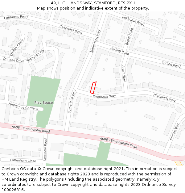 49, HIGHLANDS WAY, STAMFORD, PE9 2XH: Location map and indicative extent of plot