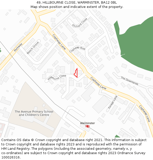 49, HILLBOURNE CLOSE, WARMINSTER, BA12 0BL: Location map and indicative extent of plot