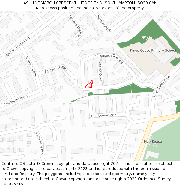 49, HINDMARCH CRESCENT, HEDGE END, SOUTHAMPTON, SO30 0AN: Location map and indicative extent of plot