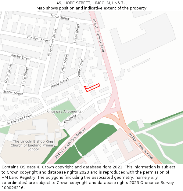 49, HOPE STREET, LINCOLN, LN5 7UJ: Location map and indicative extent of plot