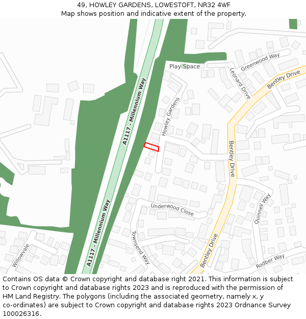 49, HOWLEY GARDENS, LOWESTOFT, NR32 4WF: Location map and indicative extent of plot