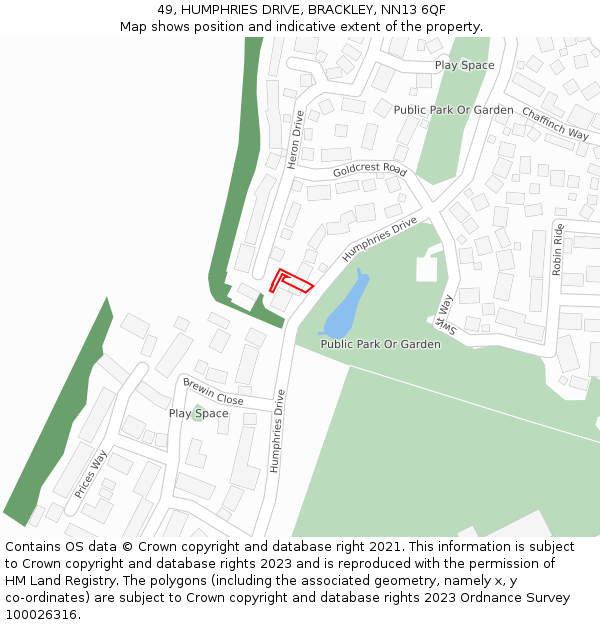 49, HUMPHRIES DRIVE, BRACKLEY, NN13 6QF: Location map and indicative extent of plot