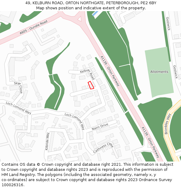 49, KELBURN ROAD, ORTON NORTHGATE, PETERBOROUGH, PE2 6BY: Location map and indicative extent of plot