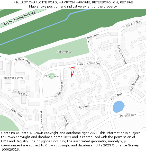 49, LADY CHARLOTTE ROAD, HAMPTON HARGATE, PETERBOROUGH, PE7 8AE: Location map and indicative extent of plot
