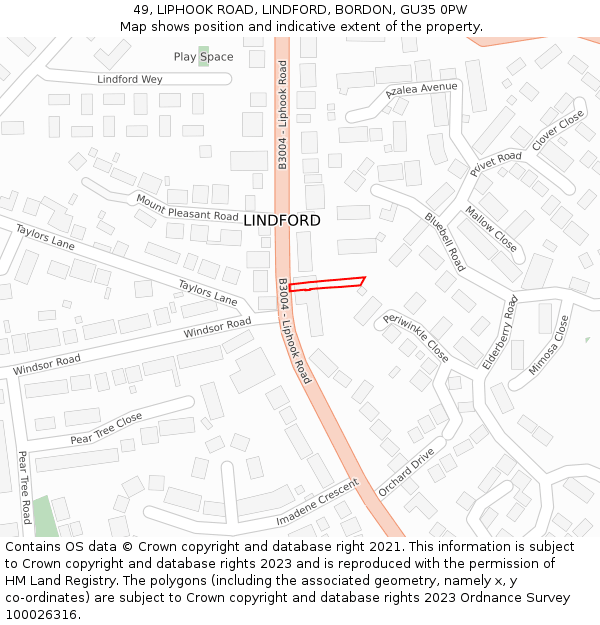 49, LIPHOOK ROAD, LINDFORD, BORDON, GU35 0PW: Location map and indicative extent of plot