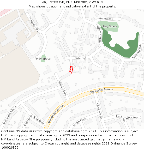 49, LISTER TYE, CHELMSFORD, CM2 9LS: Location map and indicative extent of plot