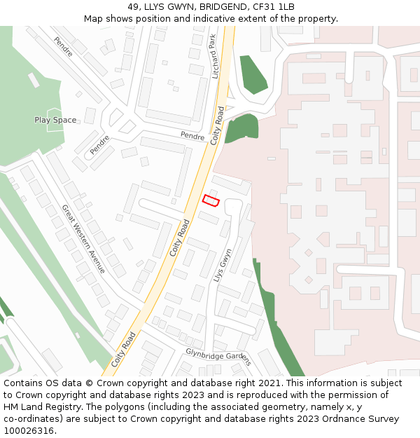49, LLYS GWYN, BRIDGEND, CF31 1LB: Location map and indicative extent of plot