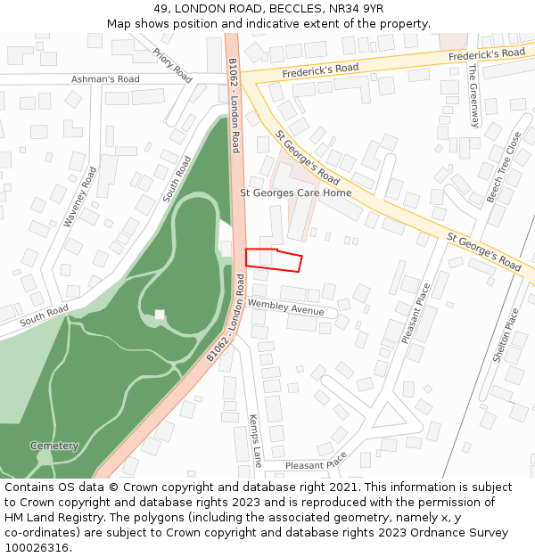 49, LONDON ROAD, BECCLES, NR34 9YR: Location map and indicative extent of plot