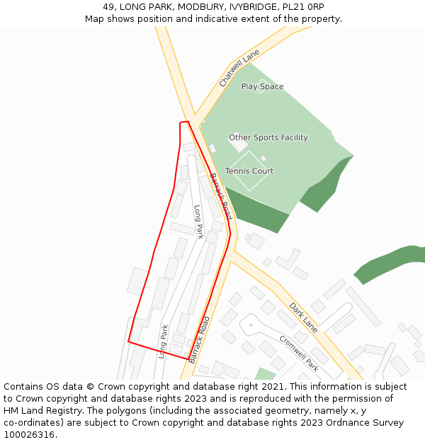 49, LONG PARK, MODBURY, IVYBRIDGE, PL21 0RP: Location map and indicative extent of plot
