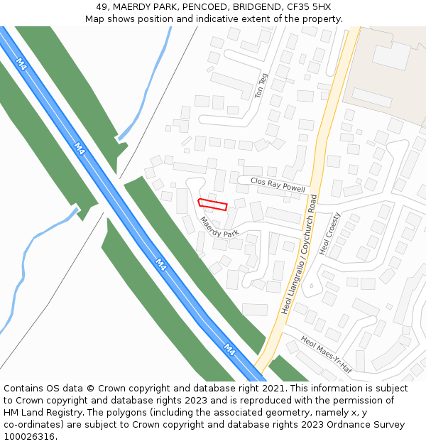 49, MAERDY PARK, PENCOED, BRIDGEND, CF35 5HX: Location map and indicative extent of plot