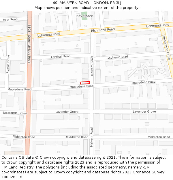 49, MALVERN ROAD, LONDON, E8 3LJ: Location map and indicative extent of plot