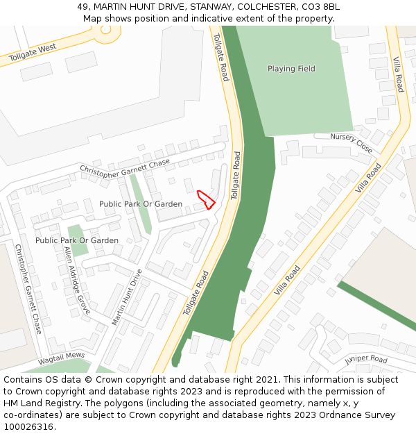 49, MARTIN HUNT DRIVE, STANWAY, COLCHESTER, CO3 8BL: Location map and indicative extent of plot