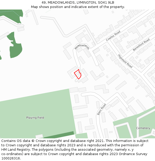 49, MEADOWLANDS, LYMINGTON, SO41 9LB: Location map and indicative extent of plot